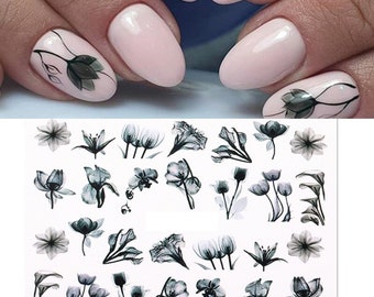Nail Art Water Decals Stickers Transfers Water Effect Black Flowers Rose Floral (BN1219)