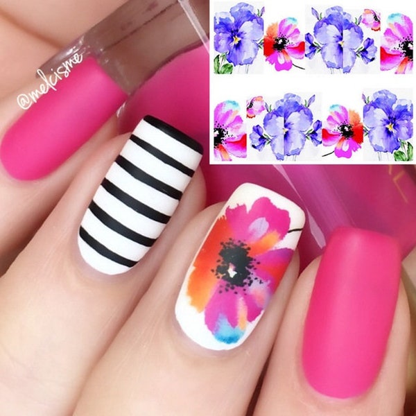 Nail Art Water Decals Wraps Purple Pink Summer Flowers Floral Gel Polish (131)