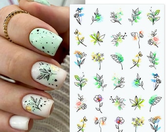 Nail Art Stickers Transfers Decals Spring Summer Abstract Flowers Floral Leaf Fern Petals Daisy Daisies (S021)