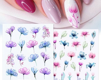 Nail Art Water Decals Stickers Transfers Spring Summer Flowers Leaf Fern Floral Petals Watercolor