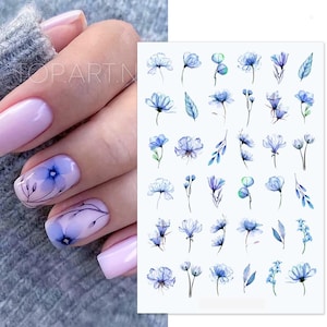 Nail Art Water Decals Stickers Transfers Spring Summer Watercolor effect Powder Blue  Flowers Floral Fern Leaf Petals (S016)