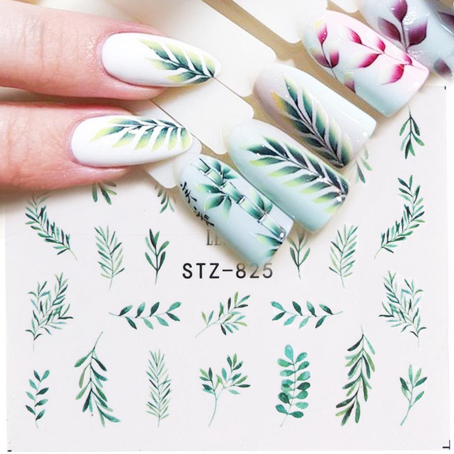 Nail Art Water Decals Stickers Transfers Summer Green leaf leaves Flo…