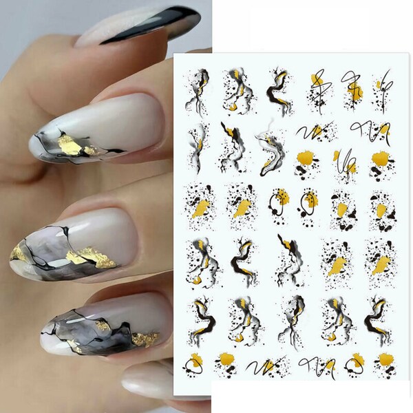 Stickers nail art décalcomanies décalcomanies effet marbré noir gris or ondulations aquarelle dentelle ligne française tourbillon vague (S002)