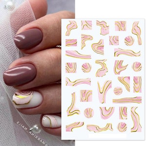 Nail Art Stickers Transfers Decals Pink Gold Marble Effect Watercolor Ripples Lace French Line Swirl Wave (S034)