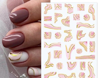 Nail Art Stickers Transfers Decals Pink Gold Marble Effect Watercolor Ripples Lace French Line Swirl Wave (S034)