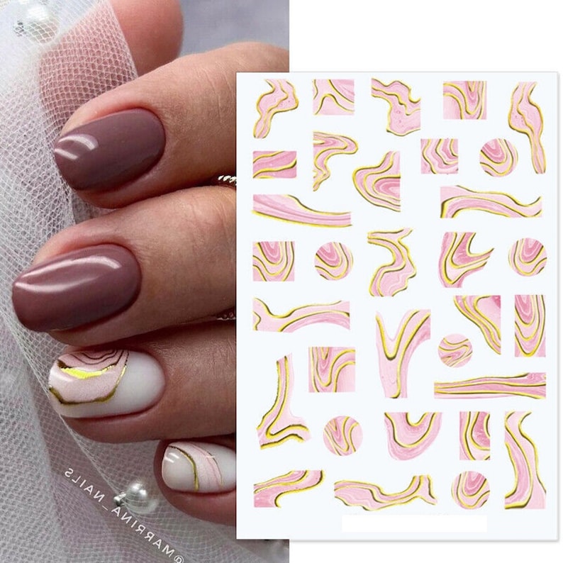 Stickers nail art décalcomanies décalcomanies or rose effet marbre ondulations aquarelle dentelle French Line tourbillon vague S034 image 1