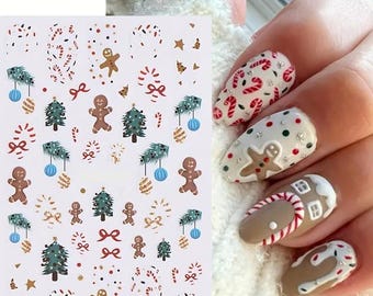 Nail Art Stickers Decals Christmas Tree Candy Cane Gingerbread Men Baubles Bows (SWH07)