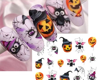 Nail Water Decals Transfers Halloween Pumpkins Spiders Spider web Bat Bats Pumpkin (1247)