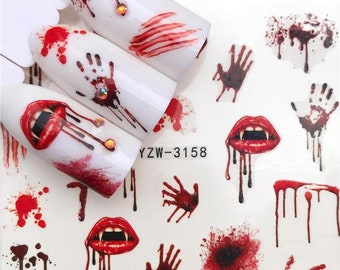 Nail Art Stickers Nail Water Decals Transfers Wraps Halloween Bloody Blood Hands Lips Cuts Eyeball Scars Stitches Blood Stains