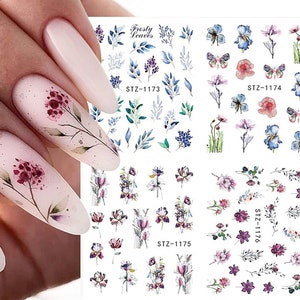 Nail Art Water Decals Stickers Transfers Spring Summer Flowers Floral Tulips Fern Butterfly Butterflies Lavender