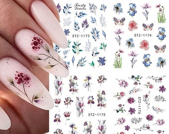 Nail Art Water Decals Stickers Transfers Spring Summer Flowers Floral Tulips Fern Butterfly Butterflies Lavender