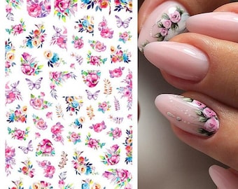 Nail Art Water Decals Stickers Transfers Spring Summer Flowers Floral Fern Leaf Petals Butterflies Butterfly Sunflower (671)