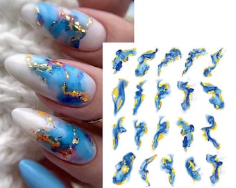 Nail Art Water Decals Stickers Transfers Decoration Blue Gold Marble Effect Marble Runs Swirls Crackle (x159)