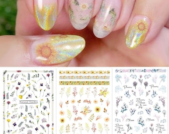 Adesivos para Unhas Decoradas com Efeito de Flores Secas, Primavera/Verão, Plantas Botânicas, Samambaias, Folhas, Girassóis e Narcisos de Jardim.