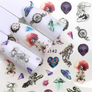 Nail Art Water Decals  Transfers Planets Space Alien Astronaut Space Rocket Stars UFO (3142)