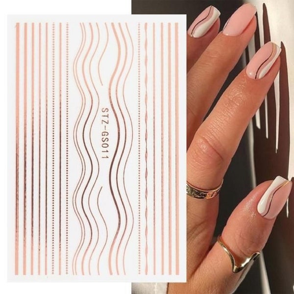 Nail Art Stickers Transfers Decals Metallic Rose Gold Lace Abstract Lines French Line Manicure  Geometric Swirls (STZGS011rg)