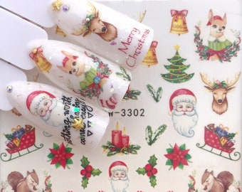 Nail Art Water Decals Stickers Father Christmas Santa Clause Tree Bells Reindeer Sleigh (3302)