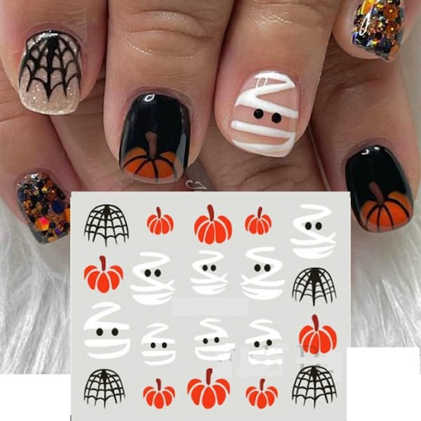 Nail Water Decals Transfers Halloween Pumpkins Spiders Spider web Ghost Mummies (1253)