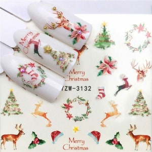 Nail Art Water Decals Stickers Christmas Tree Winter Wonderland Stocking Wreath Reindeer Santa hat (3132)