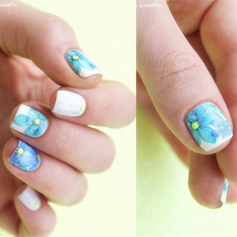 Nail Art Water Decals Wraps Blue White Floral Flowers UV Tips Etsy