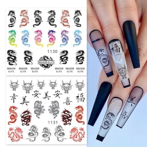 Nail Art Stickers Nail Water Decals Transfers Chinese Snake Dragon Elite Chinese Letters Zodiac Gothic Goth