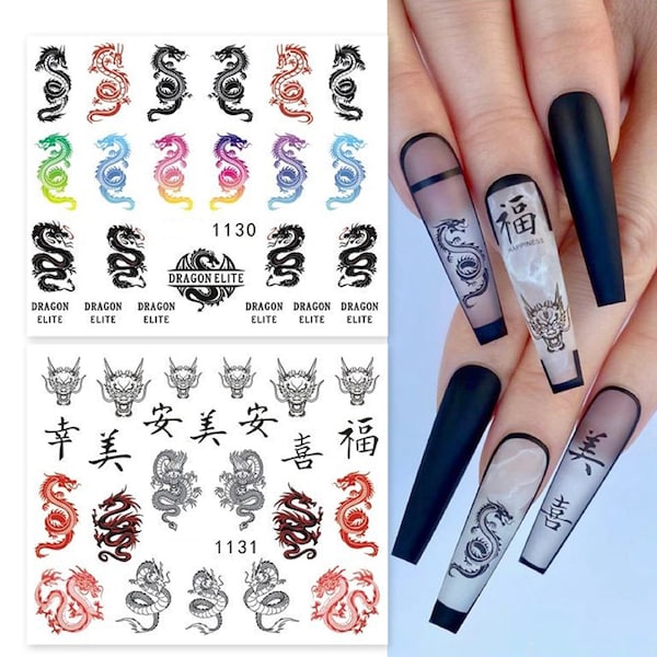 Nail Art Stickers Nail Water Decals Transfers Chinese Snake Dragon Elite Chinese Letters Zodiac Gothic Goth