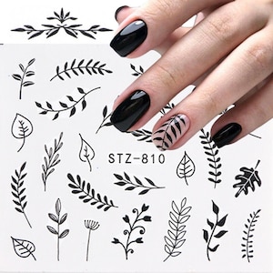Nail Art Water Decals Stickers Transfers Black leaf leaves Flowers Petals Floral Fern