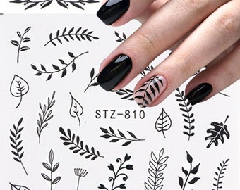 Nail Art Water Decals Stickers Transfers Black leaf leaves Flowers Petals Floral Fern