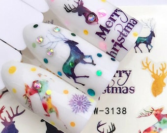 Nail Art Water Decals Stickers Christmas Winter Wonderland Snowflakes Reindeer Reindeers Stags Head (3138)