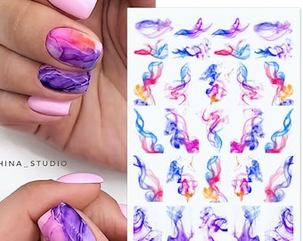 Nail Art Stickers Transfers Decals Pink Purple Marble Effect Watercolor Ripples Lace French Line Swirl Wave (S006)