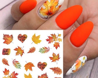 Nail Art Water Decals Stickers Transfers Winter Autumn Fall Green leaf leaves Fern Maple Leaf (1671)