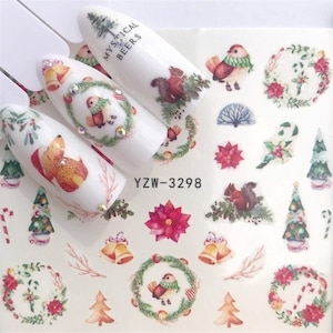 Nail Art Water Decals Stickers Christmas Tree Winter Wonderland Candy Cane Squirrel Bird Wreath Bells (3298)