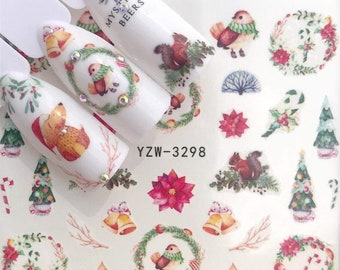 Nail Art Water Decals Stickers Christmas Tree Winter Wonderland Candy Cane Squirrel Bird Wreath Bells (3298)