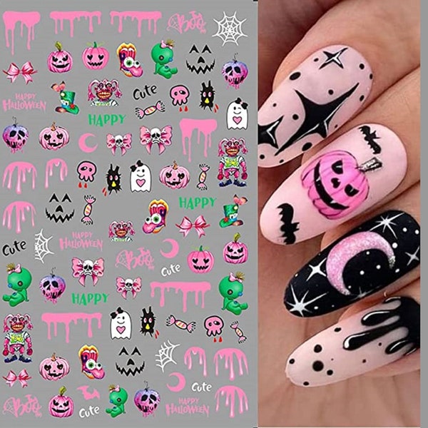 Nail Art Stickers Decals Halloween Pumpkins Pink Slime Poison Alien Candy Pumpkin Face Ghosts Boo Dog