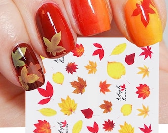 Nail Art Water Decals Stickers Transfers Winter Autumn Fall Green leaf leaves Fern Maple Leaf (858)
