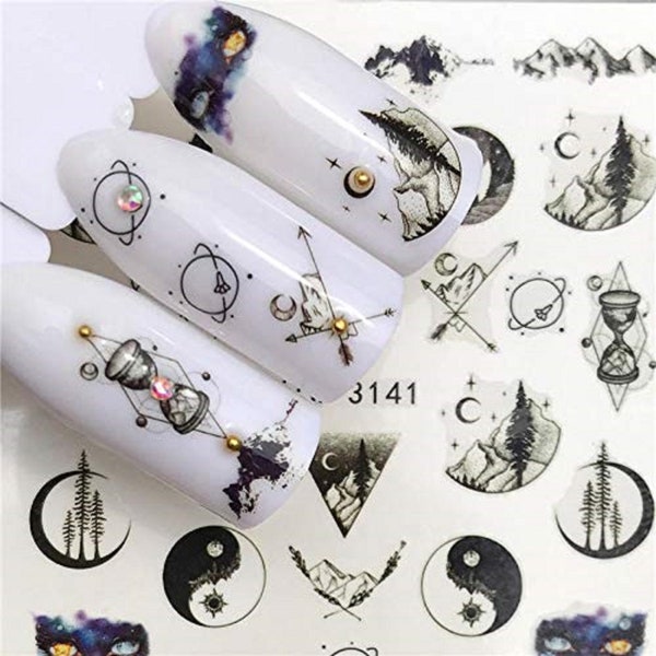 Nail Art Water Decals Stickers Transfers Black Sun and Moon Dream catchers Zodiac Peace Sign Space (YZW3141)