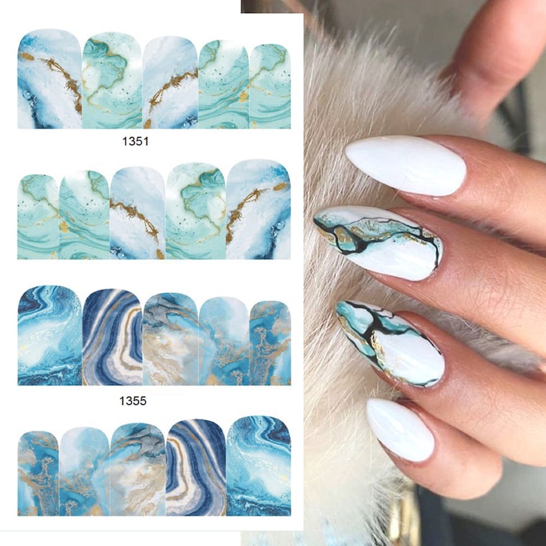 May include: Nail polish wraps with a blue and white marble design. The wraps feature a swirling pattern with gold accents. The product numbers 1351 and 1355 are visible.