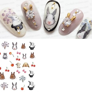 Nail Art Water Decals Stickers Transfers Spring Easter Bunny Rabbits Cherries  (E556)