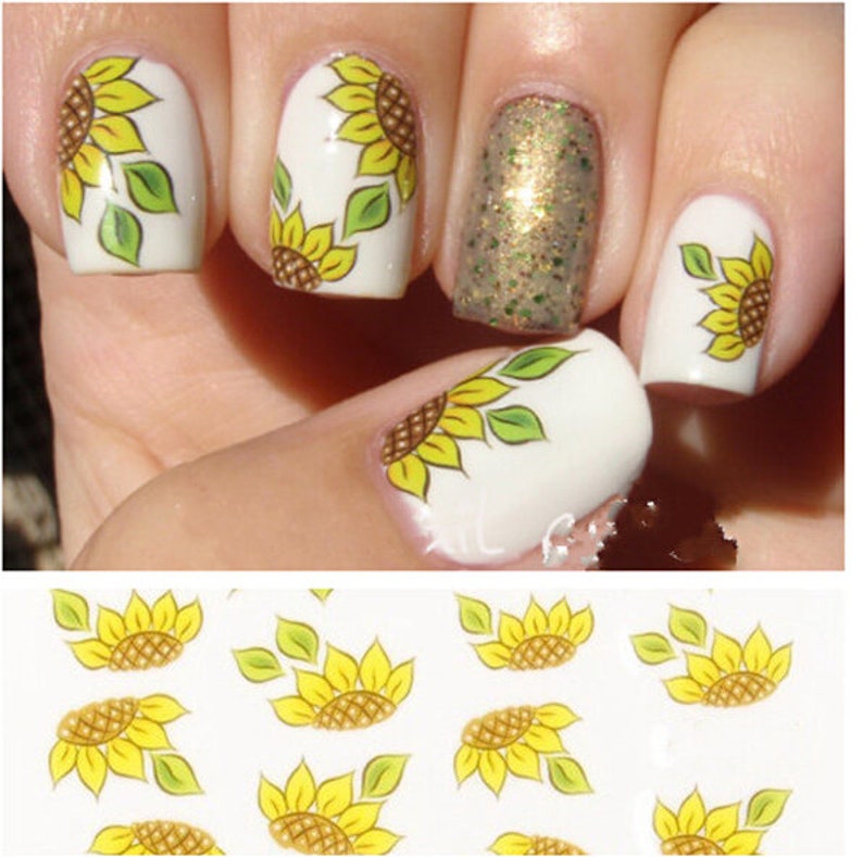 Nail Art Water Decals Stickers Transfers Spring Summer Sunflowers Flowers Floral S-144 image 1