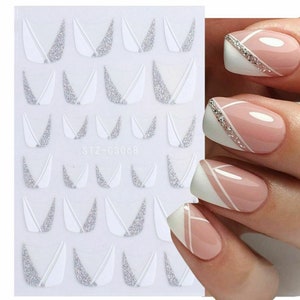 Nail Art Stickers Transfers Decals Silver Glitter Matte White Lace Abstract Lines French Line Manicure Geometric (STZCS068)