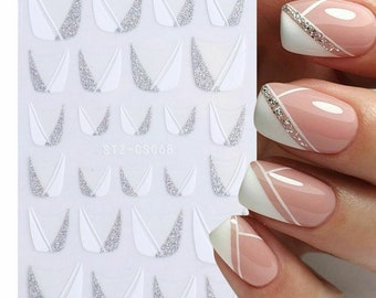 Nail Art Stickers Transfers Decals Silver Glitter Matte White Lace Abstract Lines French Line Manicure Geometric (STZCS068)