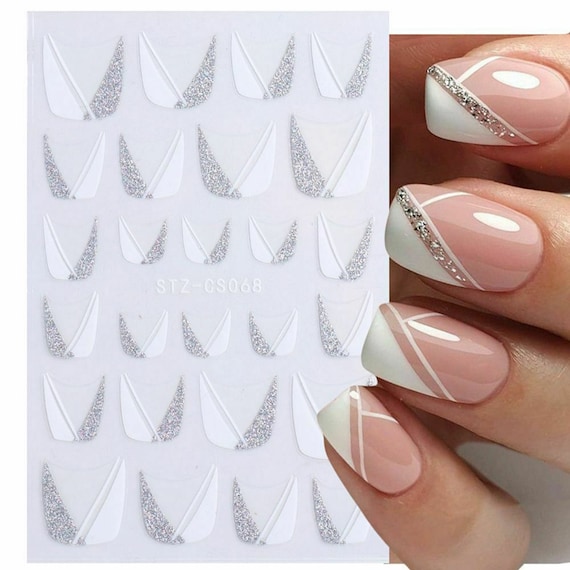 Nail Art Stickers Transfers Decals Silver Glitter Matte White 