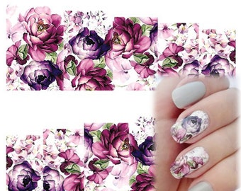 Nail Art Water Decals Stickers Transfers Deep Purple Flowers Floral 369)