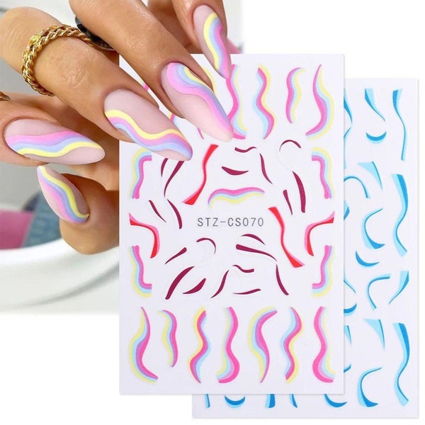 Nail Art Stickers Transfers Decals Neon Hot Pink White Purple Blue Crackle Effect Lace French Line Swirl Wave Geometric
