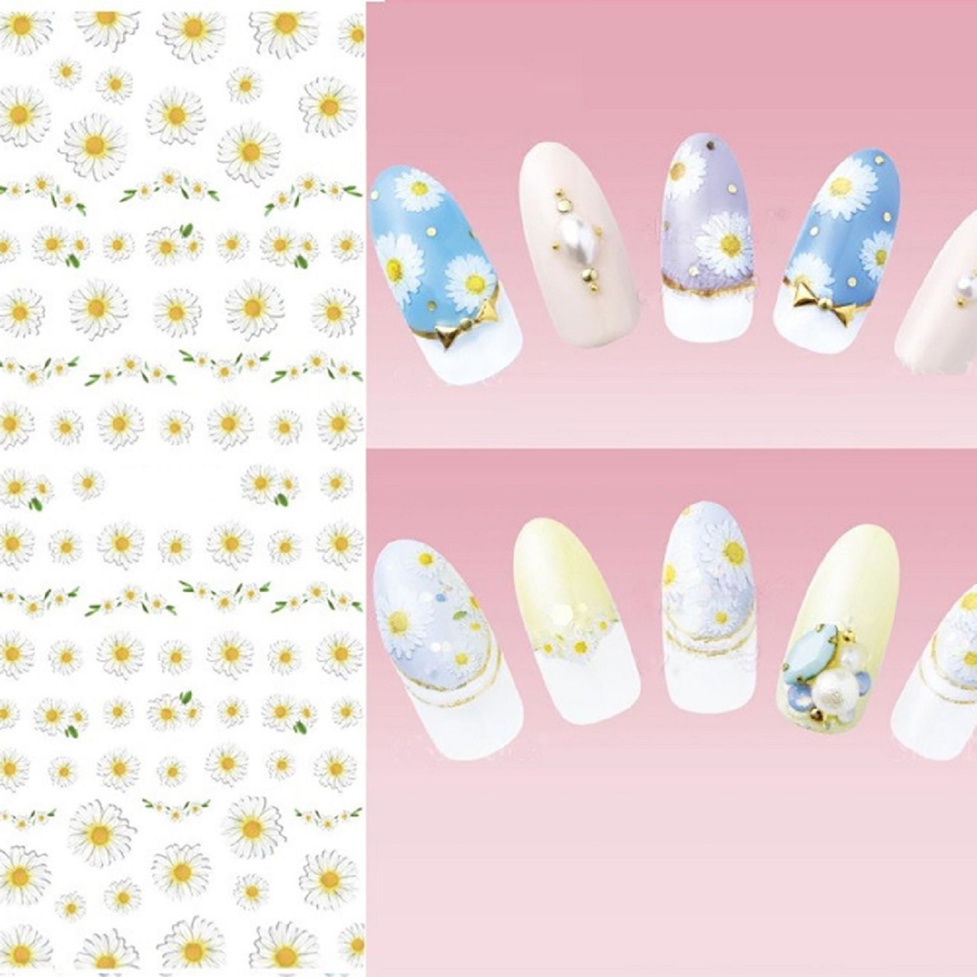 Nail Art Decalcomanie Adesivi Trasferibili Effetto Acqua Primavera Estate Fiori Margherita Margherite Catena di Margherite Floreale (386)