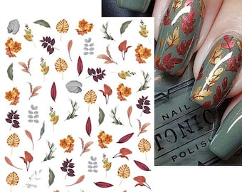 Stickers nail art Stickers Transfert Hiver Automne Fleurs d'automne Floral Feuille Feuilles Fougère Thanksgiving (933)
