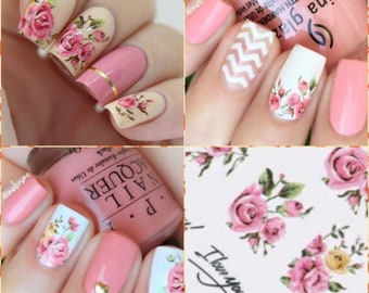 Nail Art Water Decals Stickers Transfers White Pink Spring Summer Roses Flowers Floral Tulips