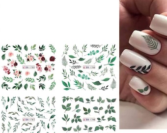 Nail Art Water Decals Stickers Transfers Spring Summer Green leaf leaves Floral Flowers Strawberries Strawberry Eucalyptus Fern