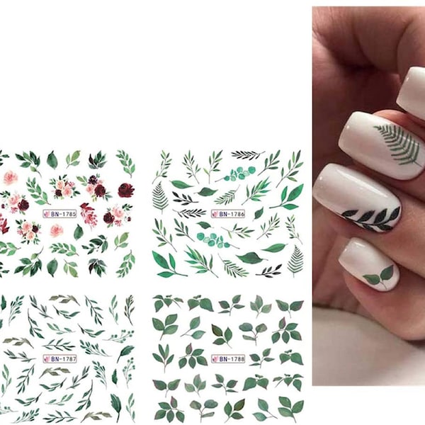 Nail Art Water Decals Stickers Transfers Spring Summer Green leaf leaves Floral Flowers Strawberries Strawberry Eucalyptus Fern