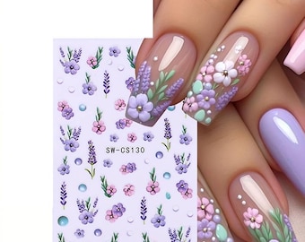 Nail Art Water Decals Stickers Transfers Spring Summer Flowers Floral Fern Leaf Petals (CS130)